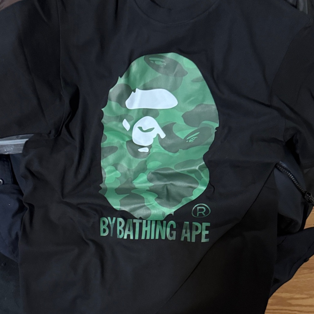 Bape Black Tee with Green Camo Ape Graphic